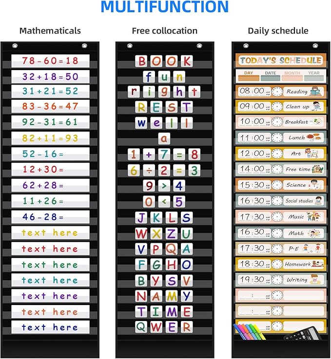 REGELETO Boho 18+1 Pockets Daily Schedule Pocket Chart, 30 pcs Double-Sided Reusable Cards, Scheduling Pocket Chart for Classroom Office Home School Activity(Black)