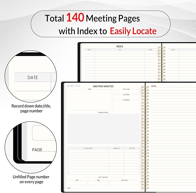 SUNEE Half Meeting Half Note 8.5"x11" Notebook for Work – 140 Pages, A4 Size Project Planner for Women&Men, Minutes Organizer for Meeting Notes, Ideas for Office/Business, PVC Waterproof Cover, Black