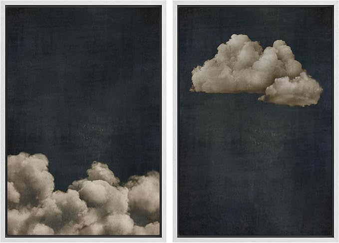 MUDECOR Framed Canvas Print Wall Art Vintage Cloudscape Dark Moody Sky with Floating Clouds Illustrations Modern Art Decorative Chic for Living Room, Bedroom, Office - 16"x24"x2 White
