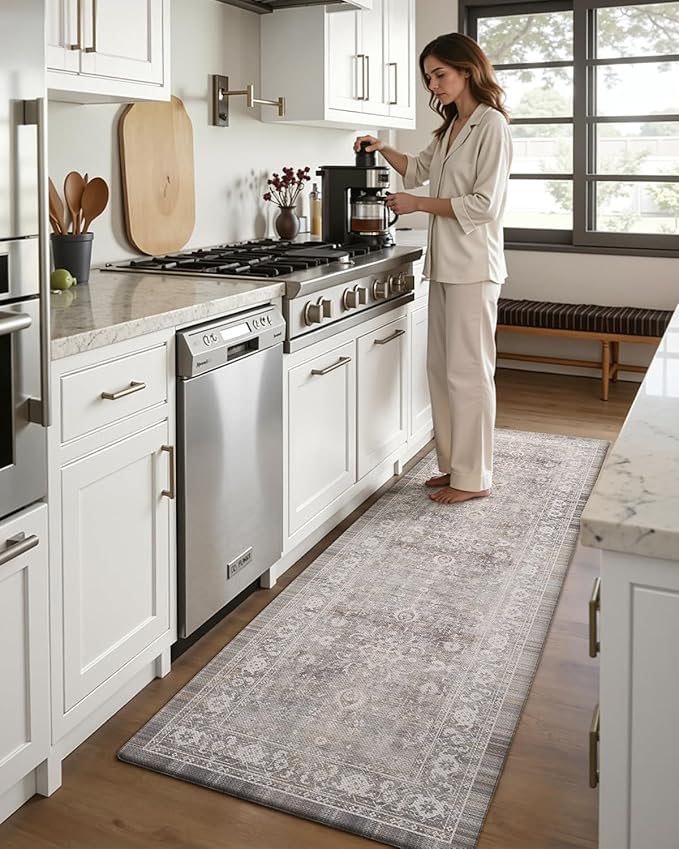 DEXI Kitchen Floor Mats Cushioned Anti Fatigue, 23x59 Long Wide Standing Comfort Runner Rug, Waterproof Retro Floral Memory Foam Padded for Front Sink Laundry, Beige Grey