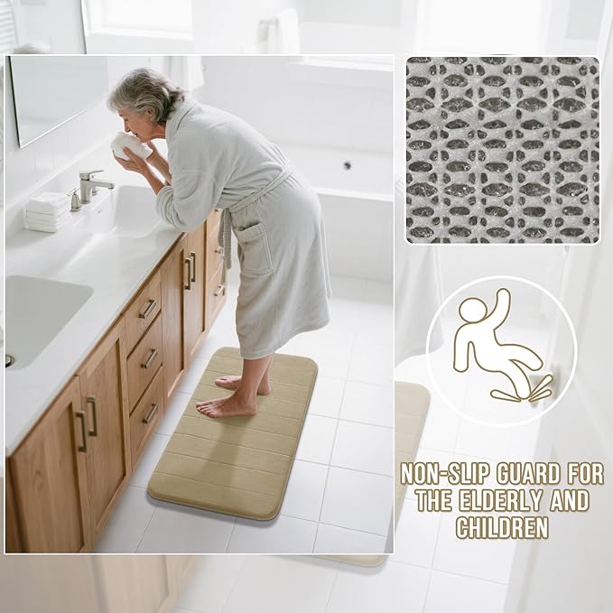 Yimobra U-Shaped Toilet Bath Mat Set 2 Piece - Soft Absorbent Quick Dry Memory Foam Bathroom Rugs, Machine Washable Non Slip Floor Carpet for Tub Shower & Single Sink (17x24 & 24x20, Pale Khaki)