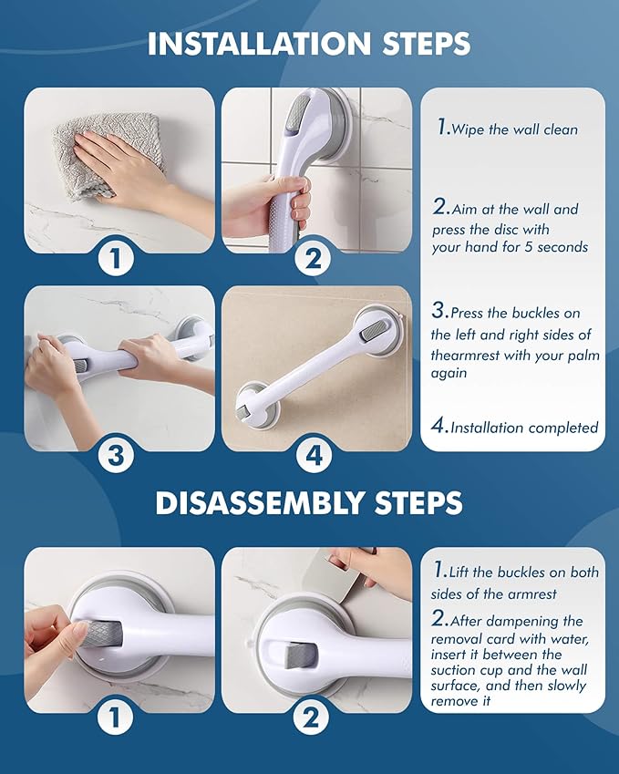16 Inch Shower Grab Bars - 250LBS Heavy Duty Bath Safety Handles, Non-Slip No Drilling Removable Shower Grips for Bathtubs & Showers, Waterproof Bathroom Assist Handles for Seniors & Elderly