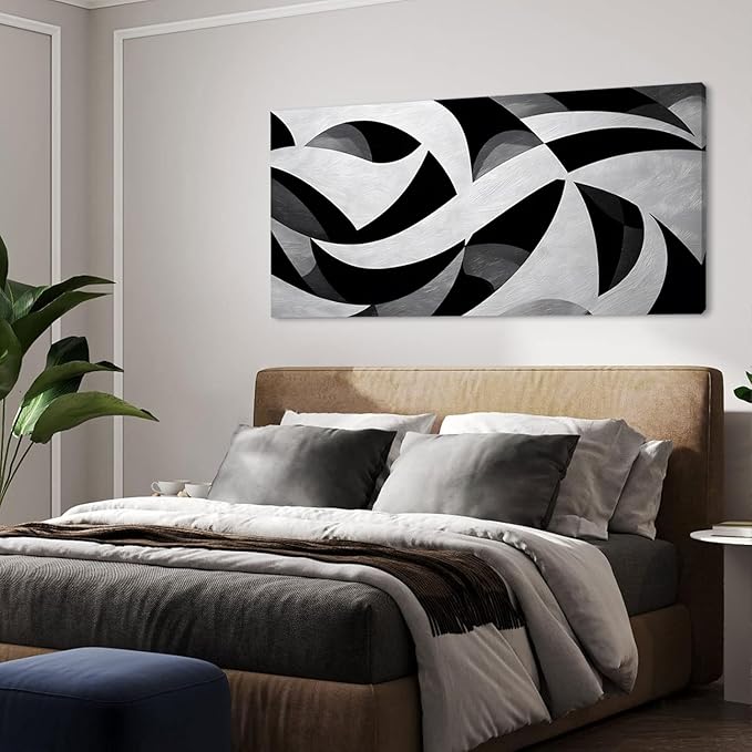 White and Black Abstract Cube Wall Art for Living Room Office Modern Pattern Grey Painting Prints Cool Canvas Artwork Over The Couch Bedroom Decor Large