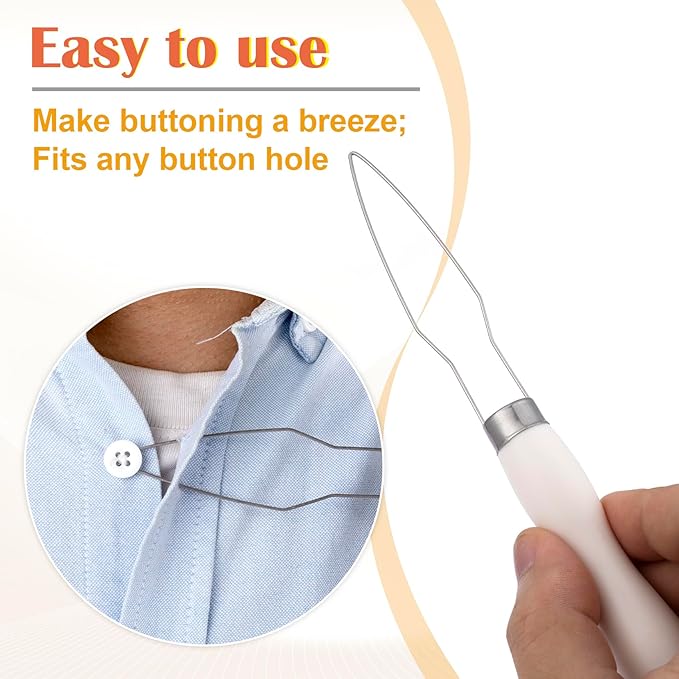 Easy Button Hook, Steel Button Helper Tool for Elderly, Wide Wood Handle Buttons Fastener Device Assist Dressing Aid Tool for Seniors One Hand - 1 Pack, White