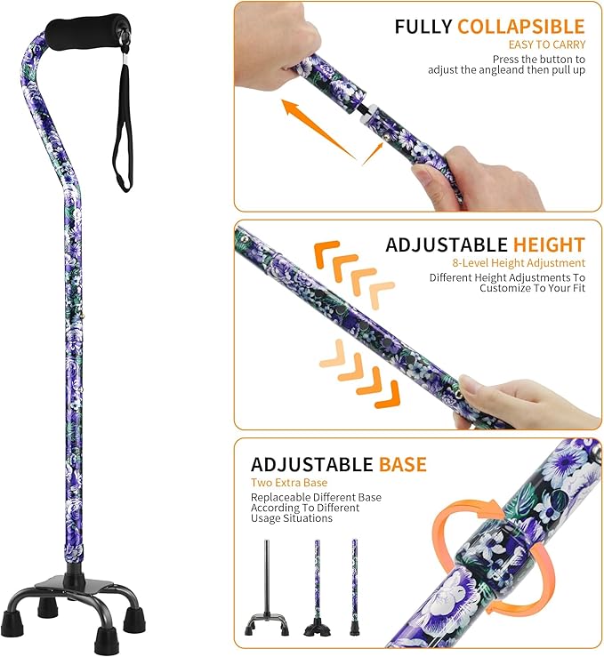 Walking Cane for Women & Men, Adjustable Quad Cane with 4-Prong Base for Stability and Balance, Folding Aluminum Walking Stick for Seniors