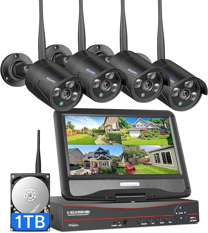 Hiseeu [16CH Expandable] 2.4G/5G Wireless Pro Security Camera System, 10.1" LCD 8MP Monitor, Wired Plug-in Powered 4Pcs 5MP Outdoor Indoor Cameras, One-Way Audio, Waterproof, Motion Detection, 1TB HDD