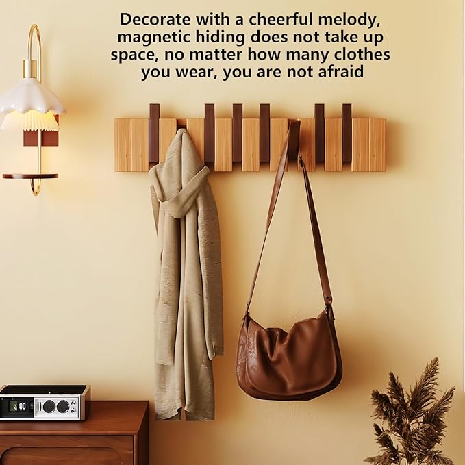 Wall Mounted Piano Key Hanger | Flip Style Hook | Entrance Wall Art Hook, Made of Oak Wood (3 Times Painted, 4 Times Polished) (Walnut-Beech, 10Hooks)