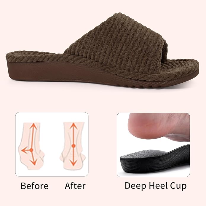 Litfun Orthopedic House Slippers for Women Adjustable Arch Support Indoor Slippers Open Toe Corduroy Bedroom Shoes