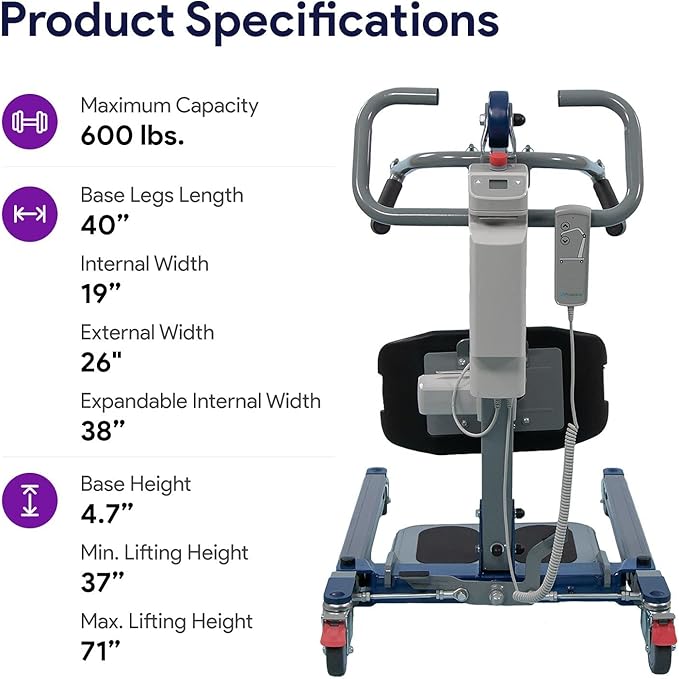 ProHeal Sit to Stand Lift - Bariatric Full Body Patient Transfer Lifter for Home Use and Facilities - Long Lasting Battery, 600 Pound Weight Capacity, 4 Sling Hooks