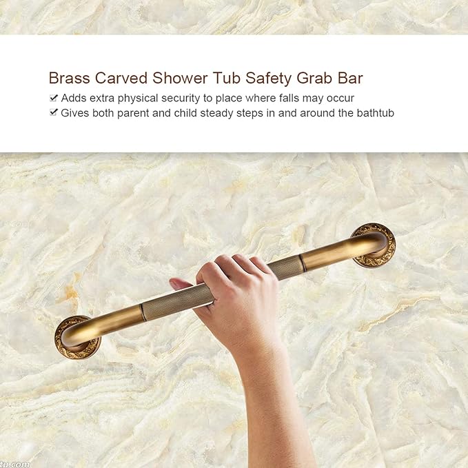 Shower Grab Bar, 19.09x3.54x2.4in Antique Style Brass Carved Shower Tub Safety Grab Bar Anti Slip Safety ShowerHandle Wall Mounted Bathroom Accessories for Bathtub Hand