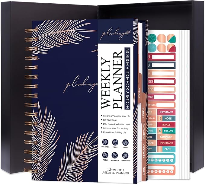 PLANBERRY Hourly Schedule Planner Premium – Undated Weekly Organizer with Time Slots & Monthly Budget – Time Management, Goal Setting, to-Do List & Habit Tracker –6.9″x8.5″(Royal Blue)