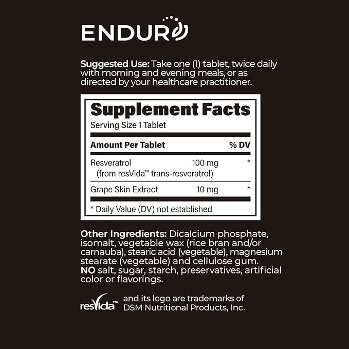 Endur Resveratrol, Healthy Aging & Cardiovascular Support Supplement, Instant Release Antioxidant Grape Skin Extract, Gluten Free, 100mg (150 Tablets)