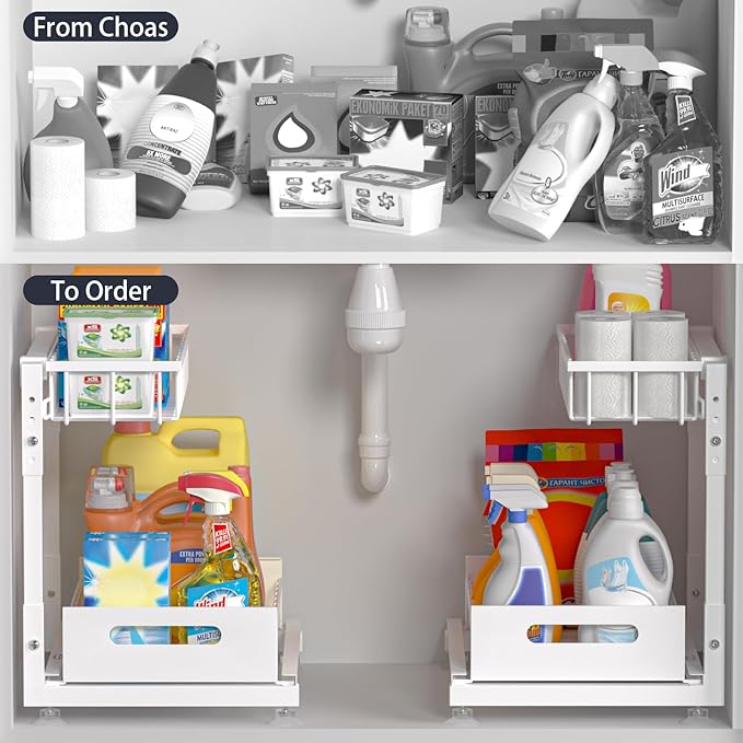 2 Pack Pro Under Sink Organizer Storage: Premium Metal 2-Tier Pull-Out Wire Basket Organizer, L Shape Height Adjustable, Easy Installation | Kitchen & Bathroom Cabinet Organizers White