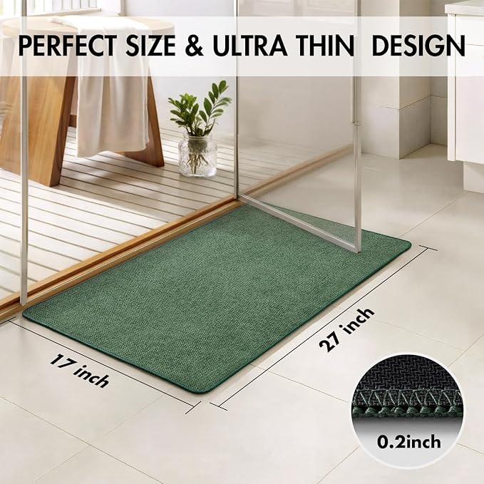 MIULEE Christmas Green Set of 2 Ultra Thin Bathroom Rugs, Rubber Bath Mats for Bathroom Non Slip, Quick Dry Absorbent Bath Rug Machine Washable, Fit Under Door, Shower, Sink, Home Decor, 17x27 Inch