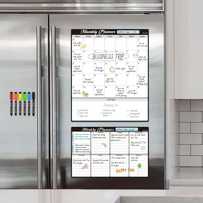 Magnetic Dry Erase Monthly Calendar Set - 15.5"x13" Monthly and 8.5"x13" Weekly Planning Board for Fridge - 6 Extra Fine Point Markers Included - Shipped Flat