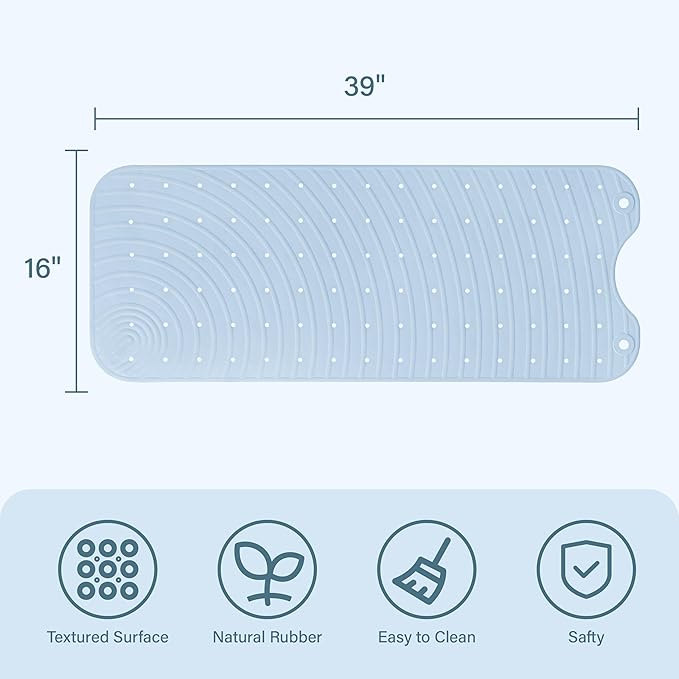 Extra Long Rubber Bathtub Mat, Non-Slip Shower Tub Mat, 39x16 Inch, Bath Tub Floor Mat with Suction Cups and Drainage Holes, Light Blue