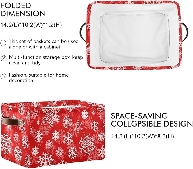 Christmas White Snowflakes on Red Storage Basket Cube Storage Bins Organizer Bag Collapsible Closet Shelf Baskets with handle for Cloth Book 14.2×10.2×8.3 IN