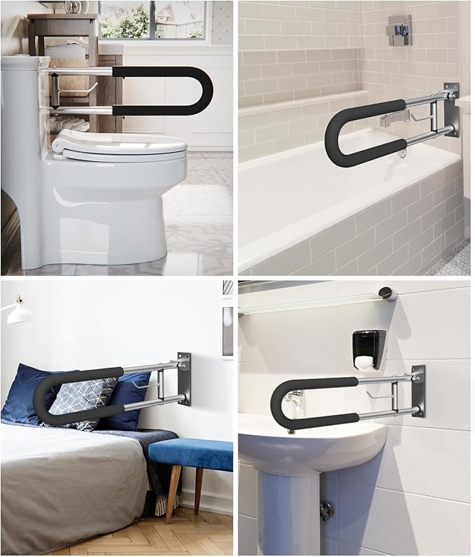 Foldable Toilet Safety Grab Bar, Aluminum Alloy Wall Mounted Handicap Support Rail for Elderly, Disabled, or Recovery Use, Bathroom Handicap Bars for Toilet or Shower