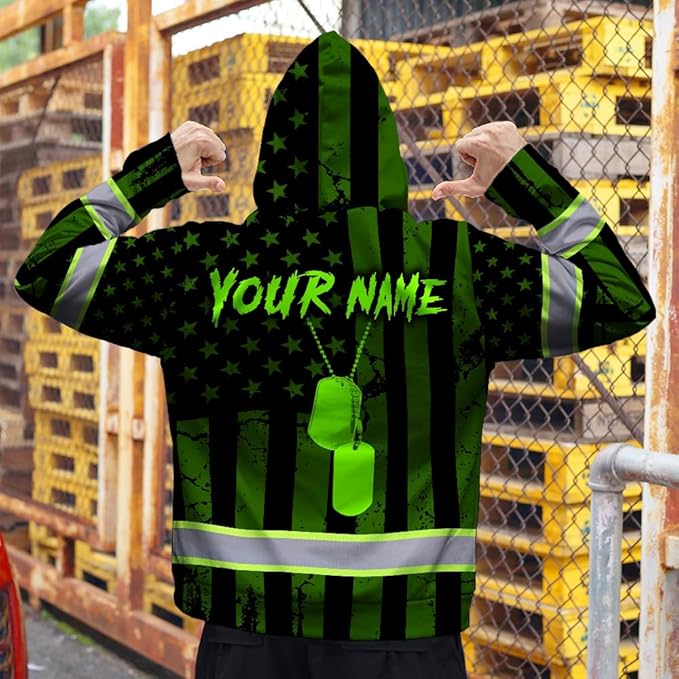 Matedecor Skull US Flag Reflective High Visibility Hoodie For Men Construction Hi Vis Safety Workwear Custom Name