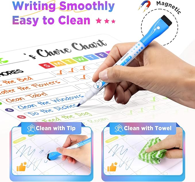 Chore Chart for Kids with 8 Markers, 2 Pack 8"x12" Chore Chart for Kids Multiple Kids, Behavior Chart for Kids at Home, Responsibility Chart for Kids/Teens/Adults, Magnetic White Chore Board