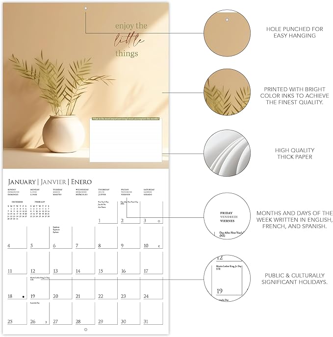 Graphique 2026 A Fresh Start Wall Calendar | 12” x 12” | Thick Paper | Home & Office Organizer | Large Monthly Grid | 3 Languages & Marked Holidays | 4 Month Preview Page for 2027