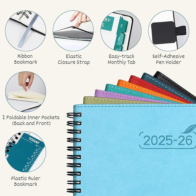 BEZEND Monthly Planner 2025-2026, Large Size, 2 Year Monthly Calendar 8.5" x 11" - 120 GSM Thick Paper - Spiral Planner with Pockets, Tabs, Calendar with Note Sections, Pen Loop, Softcover - Sky Blue