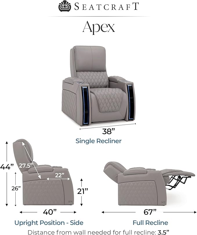 Seatcraft Apex Zero-Gravity CoolZero Italian Leather Home Theater Seating, Powered Headrest, Powered Lumbar, Powered Recline, Single Recliner, Gray