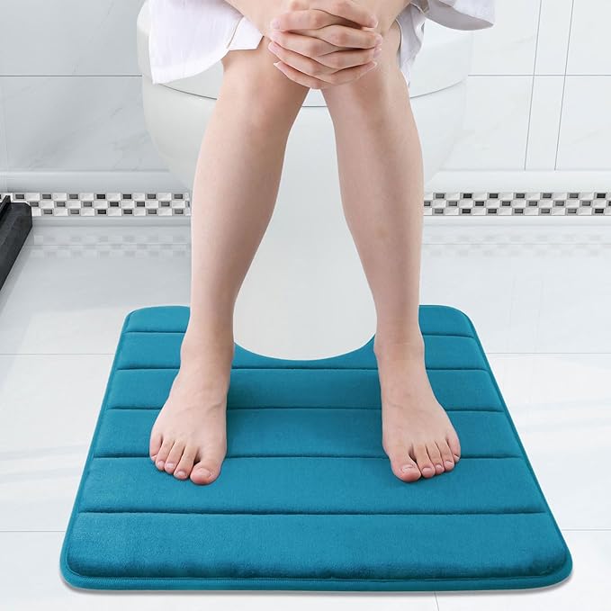 Buganda Memory Foam U-Shaped Contour Toilet Rugs, Non Slip Absorbent, Thick Soft Washable Bathroom Mat, Floor Carpet Bath Rugs Mat for Toilet Base (24" x 24", Peacock Blue)