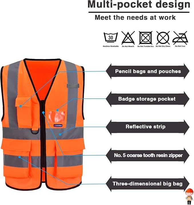 A-SAFETY Orange High Visibility Safety Vest Reflective, 3M Multi Pockets Working Vest Working Uniform Zipper Front ANSI/ISEA Standards 7 Pockets Class 2,2XL