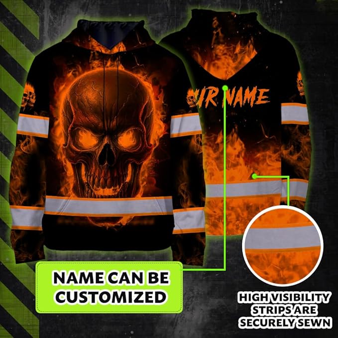 Matedecor Skull US Flag Reflective High Visibility Hoodie For Men Construction Hi Vis Safety Workwear Custom Name