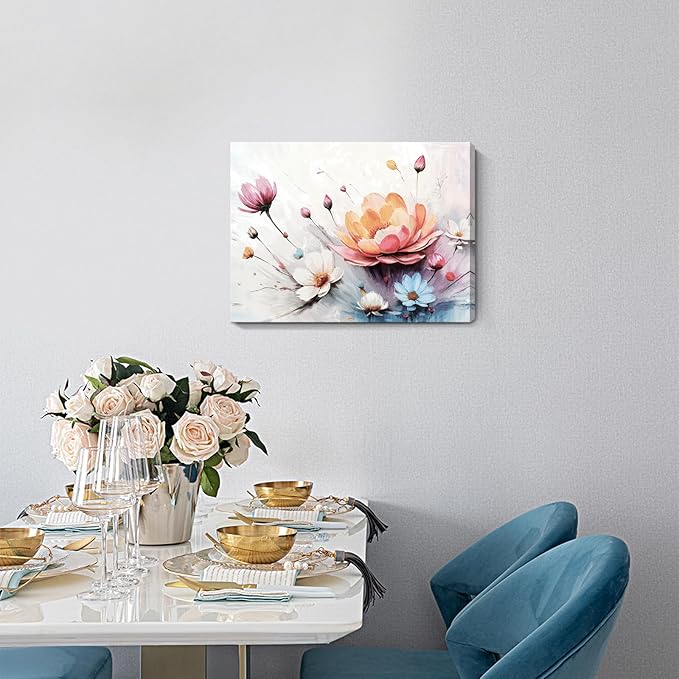 Amatop Canvas Wall Art Abstract Botanical Decor Pink White Blue Orange Colorful Flower Bouquet Print Small Size Art Work For Wall Decor Nature Landscape Canvas Picture For Bedroom Bathroom Office Dining Room 16X12In