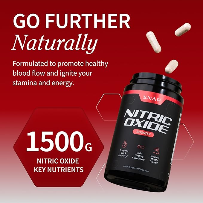 Snap Supplements Nitric Oxide Supplement with L-Arginine to Support Energy, Quick Recovery, Heart Health, Muscle Growth & Circulation, 90 Vegetarian Capsules