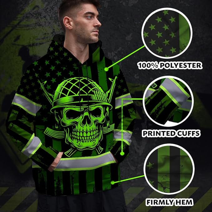 Matedecor Skull US Flag Reflective High Visibility Hoodie For Men Construction Hi Vis Safety Workwear Custom Name