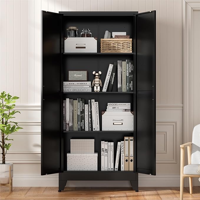 61" Black Metal Storage Cabinet, Farmhouse Pantry Cabinet with 2 Vintage Barn Doors and 3 Adjustable Shelves, Rustic Freestanding Cupboard for Kitchen,Home Office Living Room,Dining Room