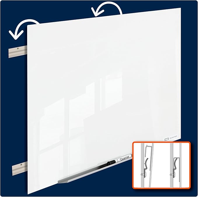 Quartet Magnetic Dry Erase Board, 96" x 48" Glass White Board for Wall, Frameless, InvisaMount, White (Q25F04IMW)