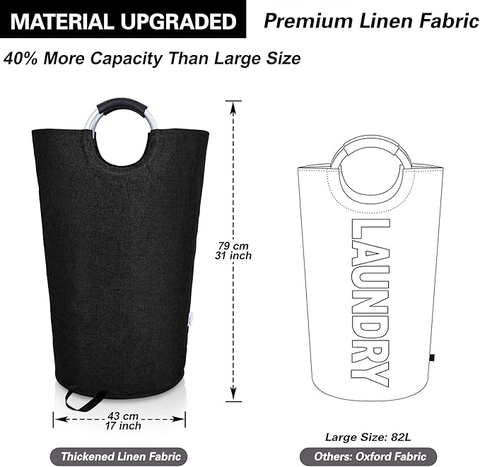 Large Laundry Hamper Bag Collapsible, Tall Laundry Basket with Durable Handles, Dirty Clothes Hampers for Bedroom, College Dorm, Boys, Heavy Duty, Double Layer 130L Black