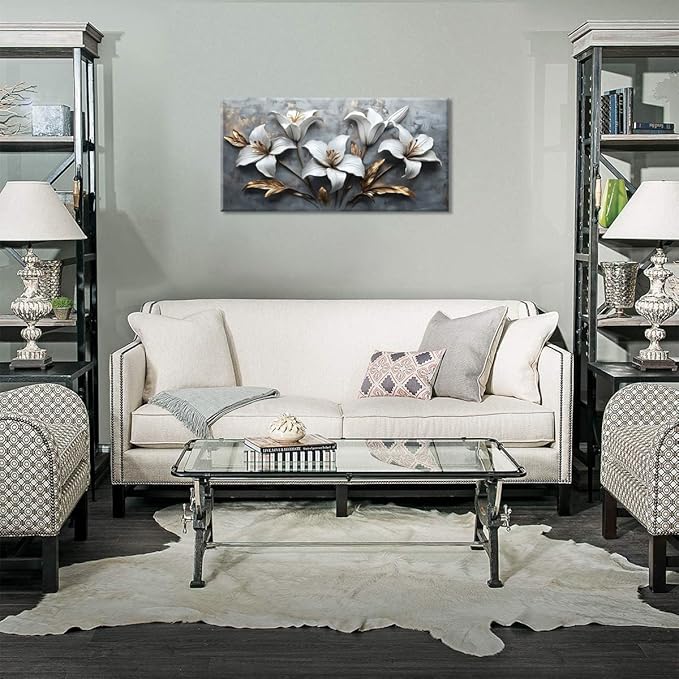 White Flowers Wall Art for Bedroom Canvas Painting Prints Beautiful Floral Gold Leaves Gray Modern Artwork Office Girls Decor