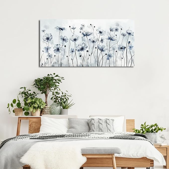 VEAEE Framed Flowers Canvas Wall Art - Indigo Floral Canvas Pictures, Living Room Wall Decor, Botanical Canvas Prints Painting Abstract Artwork Bedroom Office Home Decor 20"x 40"