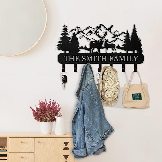 Personalized Key Holder for Wall - Custom Name Forest Deer Coat Rack Mount With Hooks, Metal Key Holder Decor, Key Hanger for Bedroom Kitchen Office
