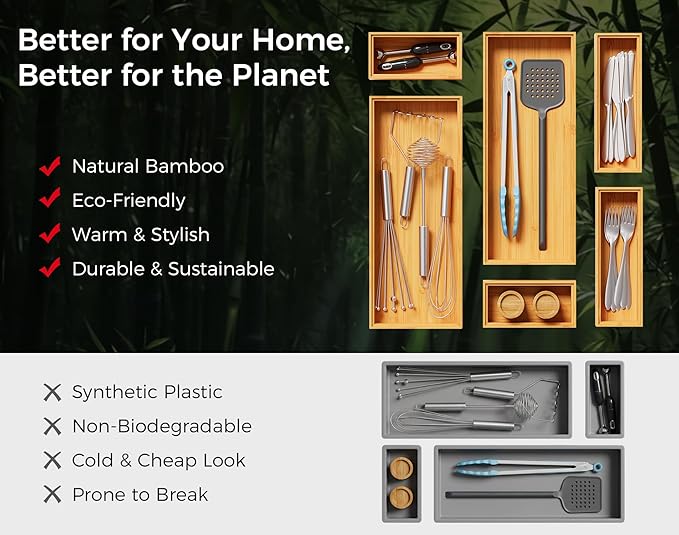 Bamboo Kitchen Drawer Organizer Boxes – 15" x 6" Stackable Wood Silverware Utensil Tray for Drawers Bins, Cutlery & Flatware Storage – Wooden Organizers Set of 2 for Junk Drawer, Bathroom, RV