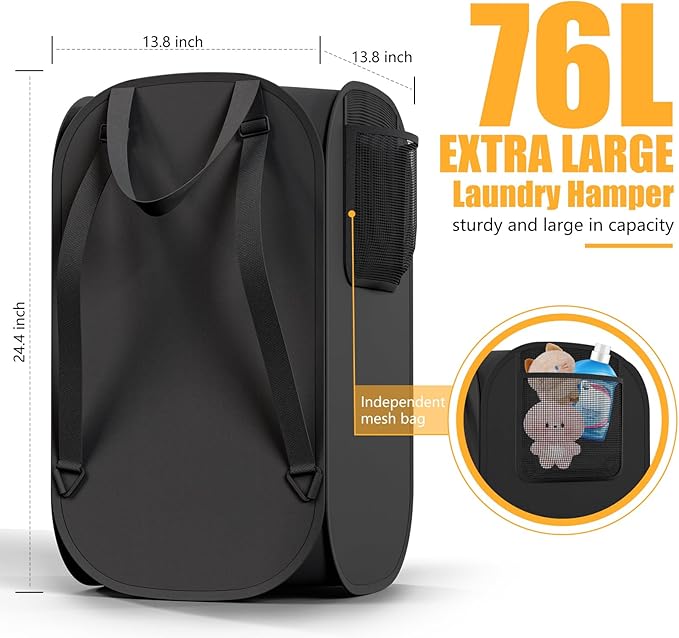 2 Pack Collapsible Backpack Laundry Bag Made by Strong Polyester Oxford Cloth, 76L Heavy Duty Large Hamper with Adjustable Shoulder Strap, Foldable Basket with Mesh Pocket for Dorm, Travel, Apartment