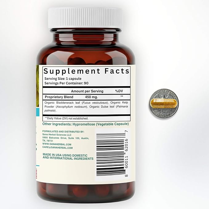 Organic Seaweed Thyroid Support – 210 mcg Natural Iodine from Kelp, Dulse & Bladderwrack – Hypothyroidism, Hormone Balance & Metabolism Aid – 90 Capsules – by Sana Herbal and Dr. Marco Sikaffy