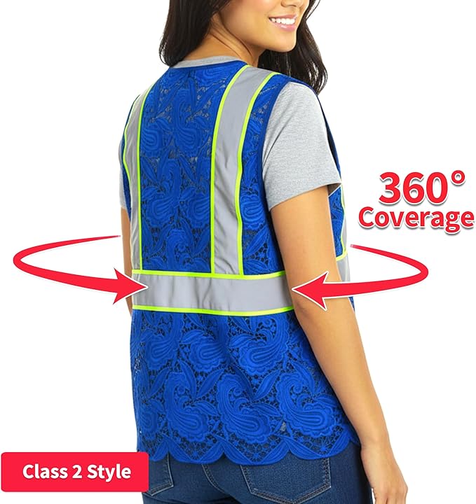 Lace-Mesh Safety Vest for Women & Men - Breathable, High Visibility Vest with Zipper & ANSI Class 2 Reflective Strips