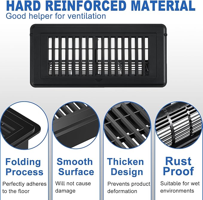 2-in-1 Vent Deflector & Floor Vent Cover, 2 Pack | Tool-Free Install, Adjustable 4x10 Floor Register for Home, Office & Ceiling | Rustproof ABS, Energy-Saving Airflow Control (Black)