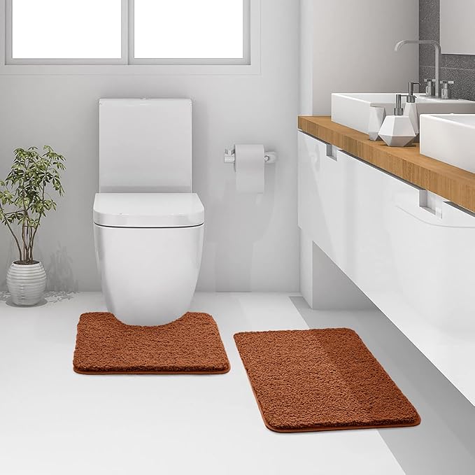 MIULEE Burnt Orange Microfiber Toilet Bath Mat U-Shaped Contour Shaggy Rugs Non Slip Extra Thick Soft Absorbent Water for Bathroom Commode Machine Washable(20x20 Inch)