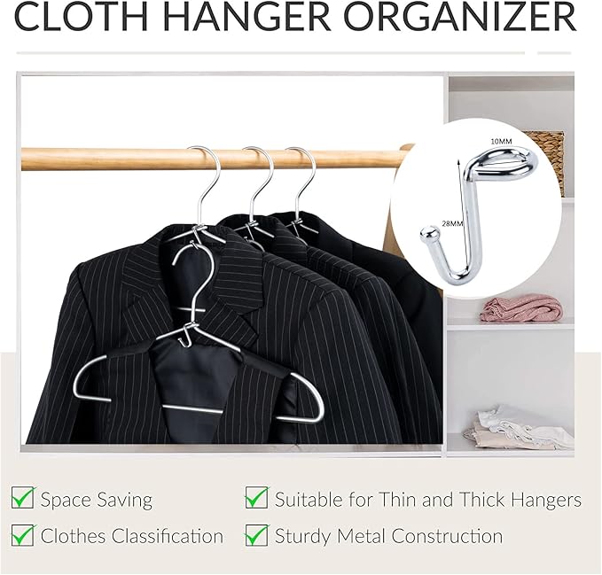 Clothes Hanger Connector Hooks, 36PCS, Clothes Hanger Organizer Mini Space Saving Extender Cascading Connection Hooks for Wooden Velvet Metal Plastic Hangers (Silver)