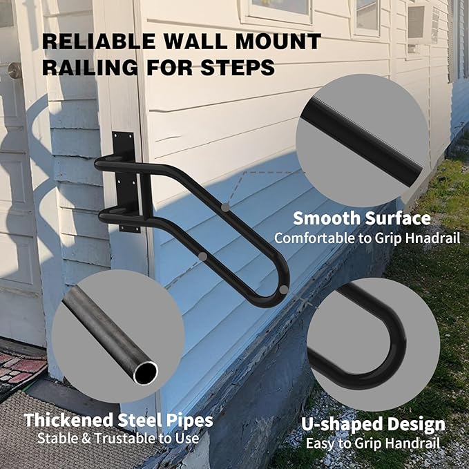 Left Side Wall Mounted handrail, Garge Door Stair Railing for 1-3 Steps(Polished Black, Left Side, 230LBs Loading)