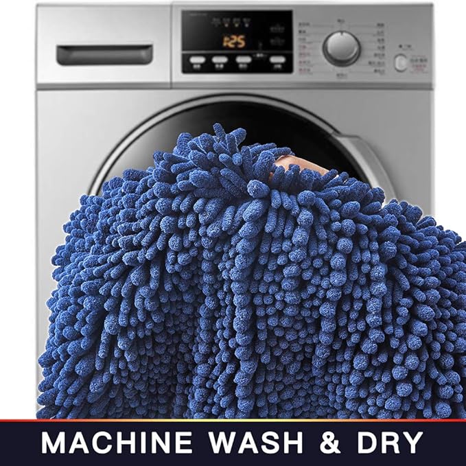 Walensee Bathroom Contour Rug Non Slip Toilet U Shaped Bath Mat (20x24, Dark Blue) Water Absorbent Super Soft Shaggy Chenille Machine Washable Dry Extra Thick Perfect Absorbant Best Plush Carpet