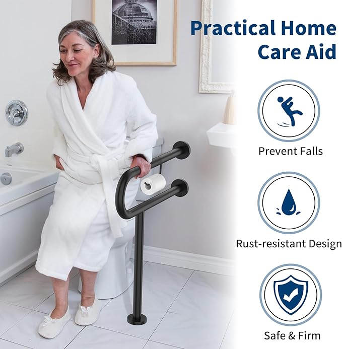 Toilet Support Rail w/Toilet Paper Holder 24x28 Inch, ZUEXT Wall to Floor Matte Black Anti-Slip Handicap Grab Bar for Bathroom, Stainless Steel Safety handrails with Leg for Elderly Disabled Pregnant