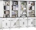 72in Tall Bookshelf 7 Tier Bookcase with Drawer and Barn Doors and Adjustable Shelves, White Farmhouse Book Shelf with Storage Cabinet, Wood Freestanding Display Bookshelves for Kitchen (4PCS)